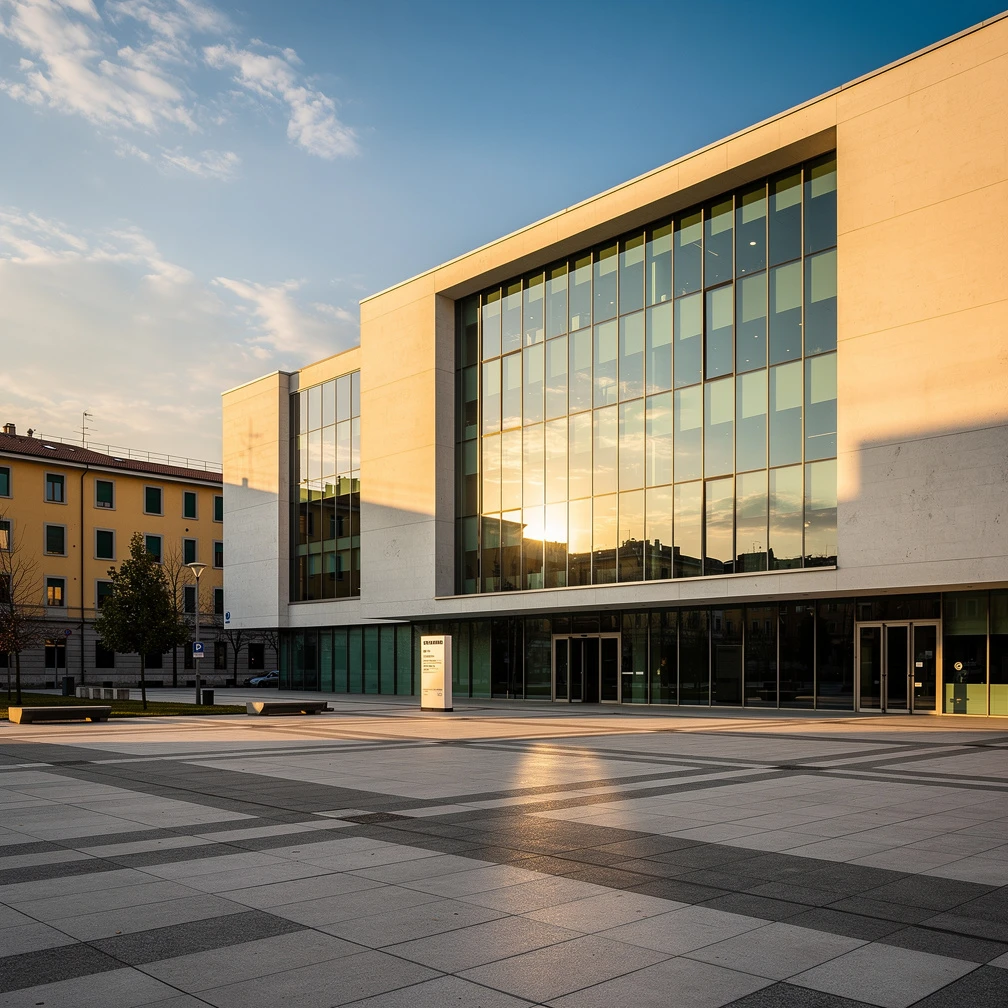 Milan contemporary university campus, clean modern architecture in warm afternoon light