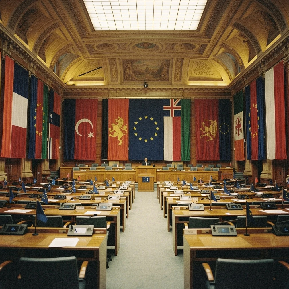 European ministerial conference hall representing higher education policy deliberation