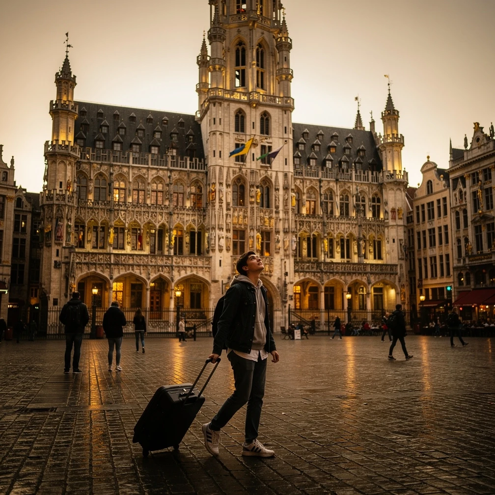 European student arriving at the Grand Place in Brussels with a suitcase for an Erasmus+ traineeship 2026