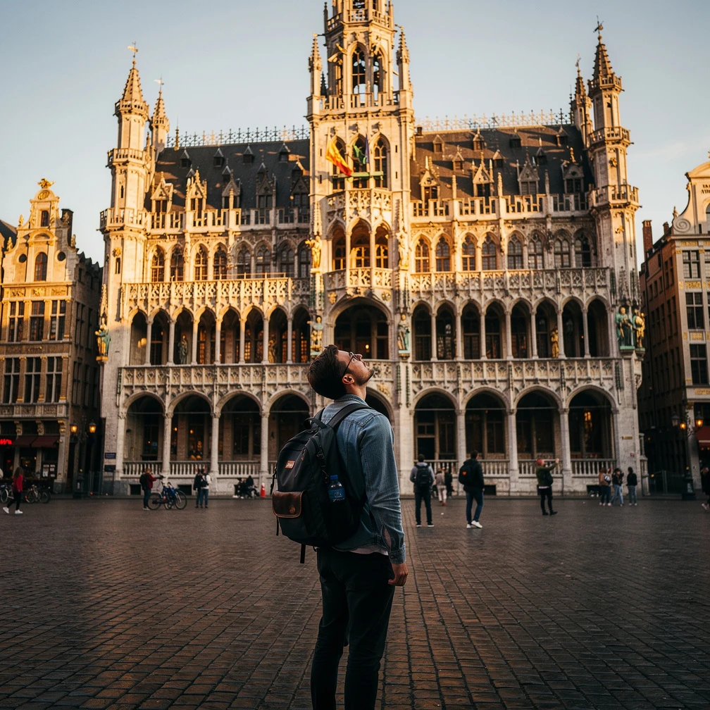 University student at the Grand-Place in Brussels for an Erasmus+ traineeship grant funded internship 2026