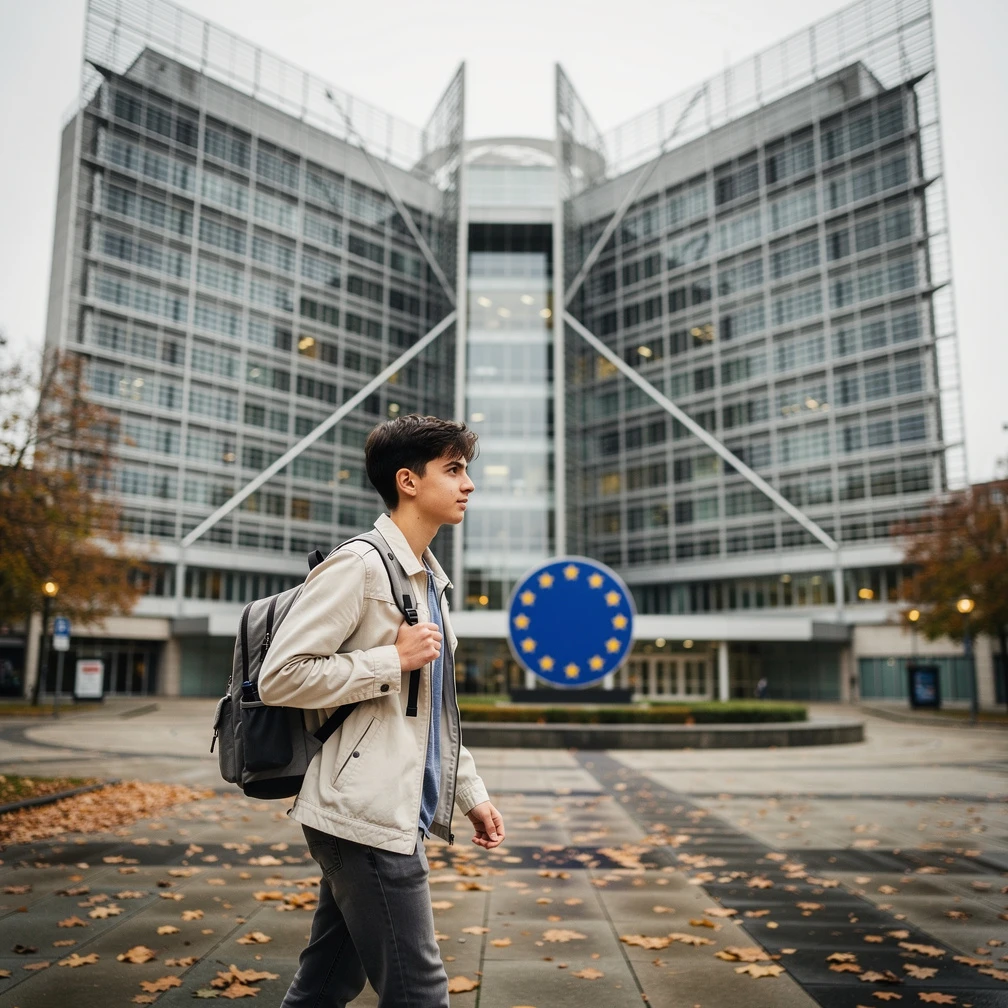 European student walking past the Berlaymont building in Brussels, the EU Commission headquarters visible behind them. Erasmus+ Traineeship 2026.