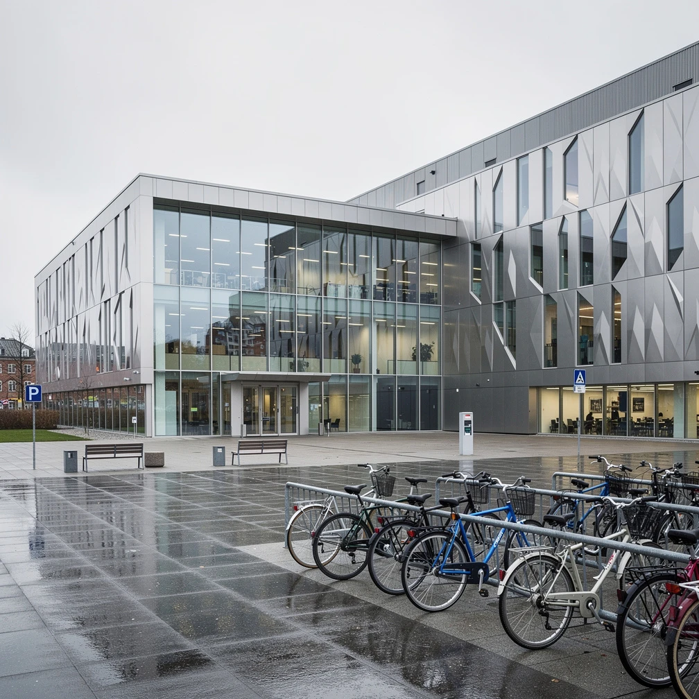 Modern Scandinavian business school campus, glass and steel architecture in Copenhagen