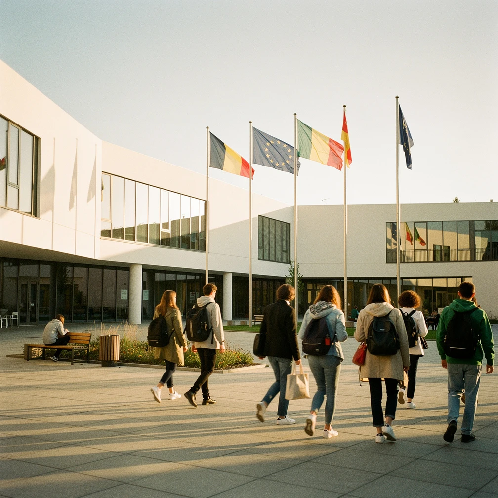 European university students on a modern campus courtyard with multiple national flags