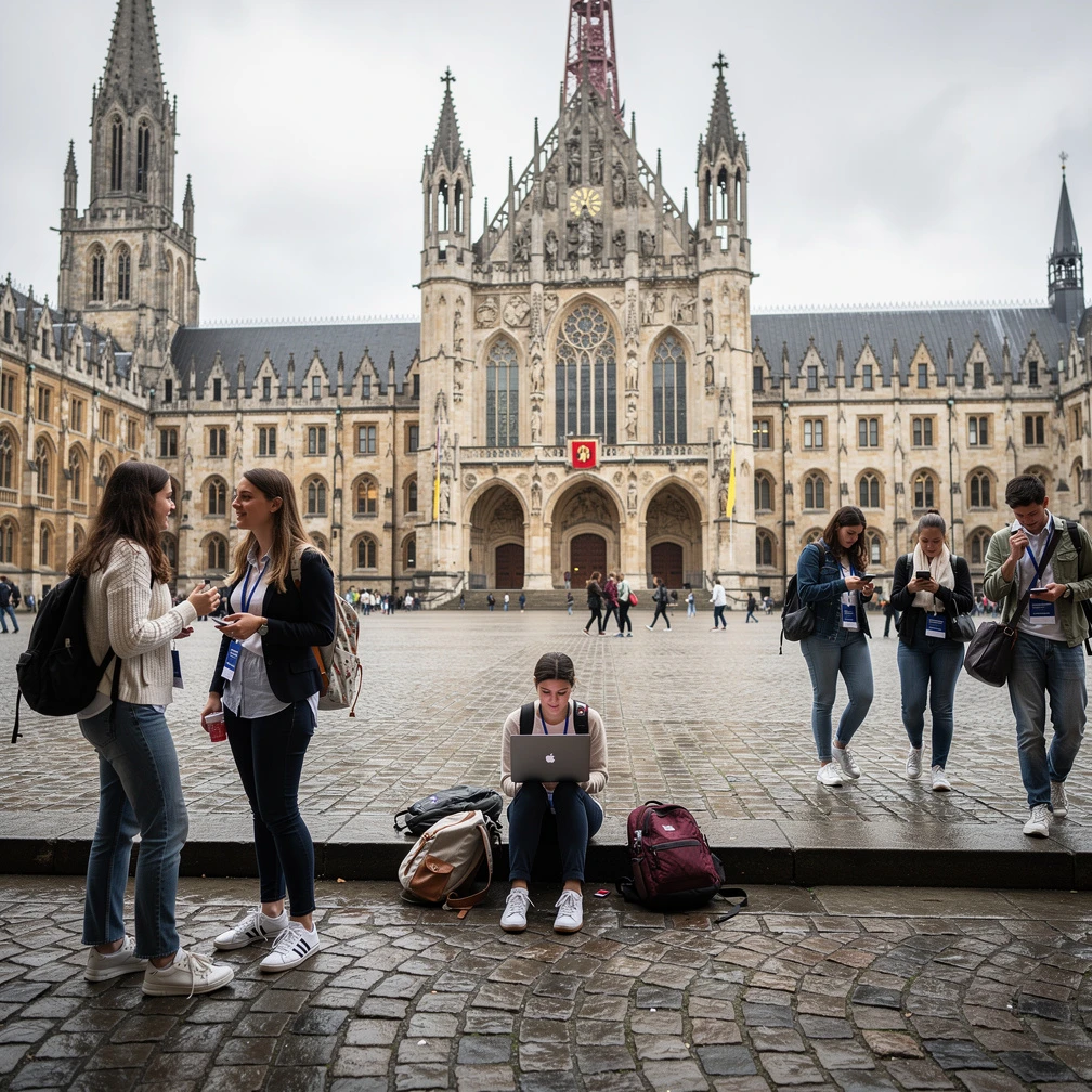 Diverse European university students on a historic campus square