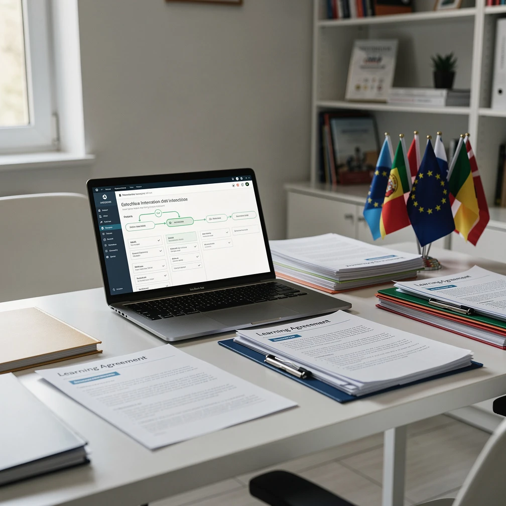 University international office desk with Learning Agreement documents and laptop