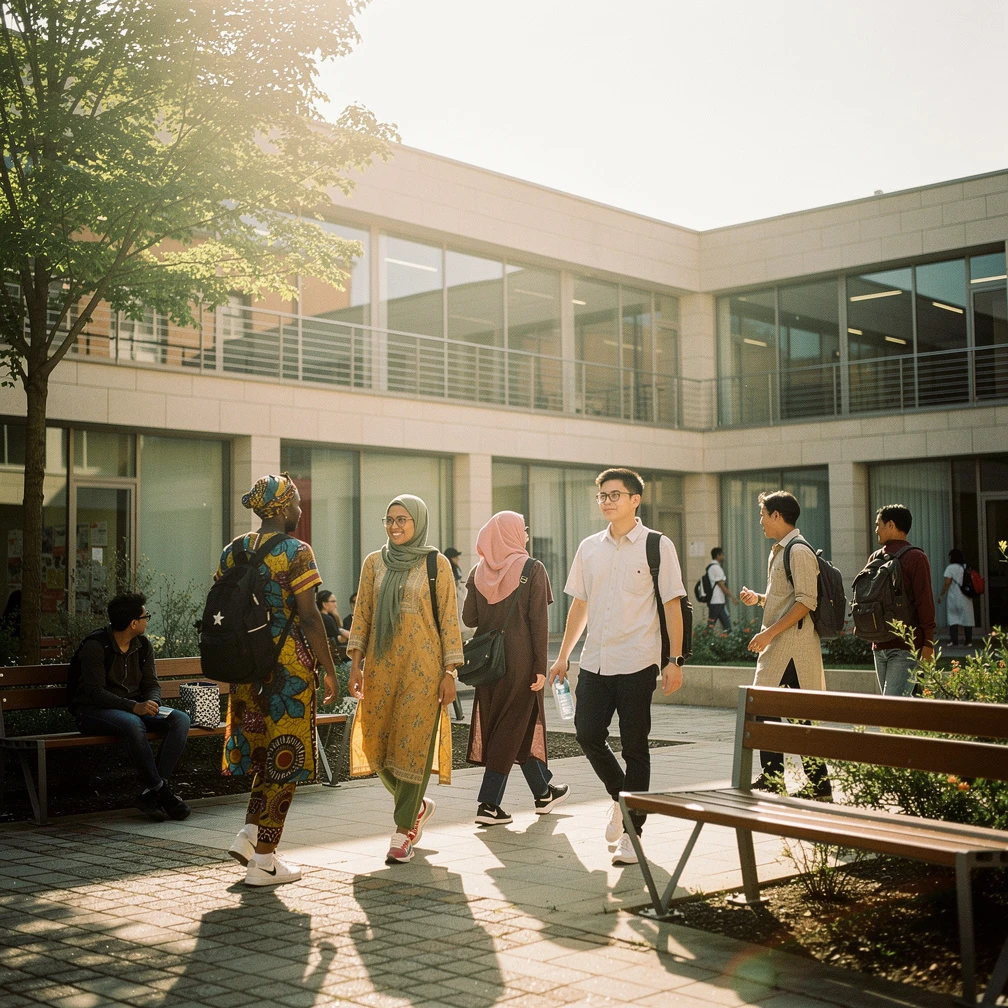International university campus with students from diverse backgrounds
