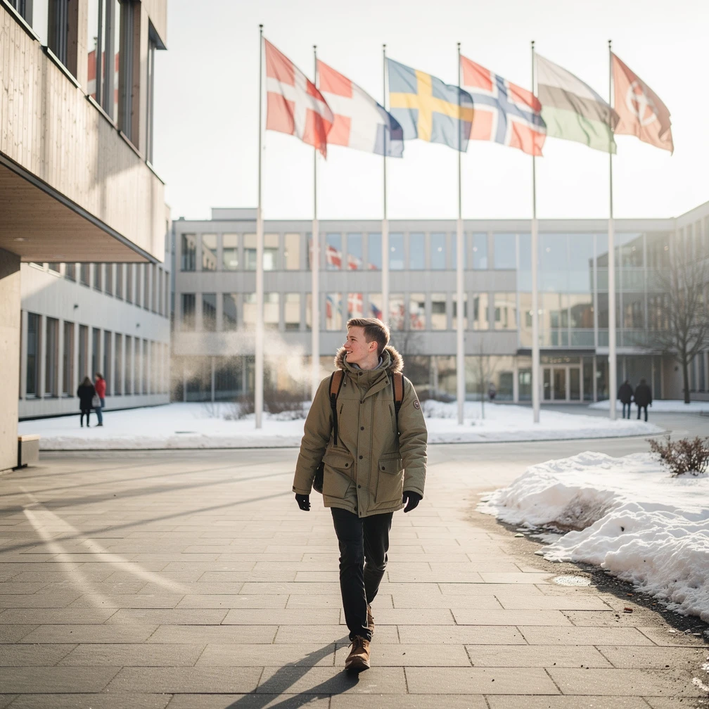 Student walking across a Nordic university campus with Nordic and Baltic flags in the background