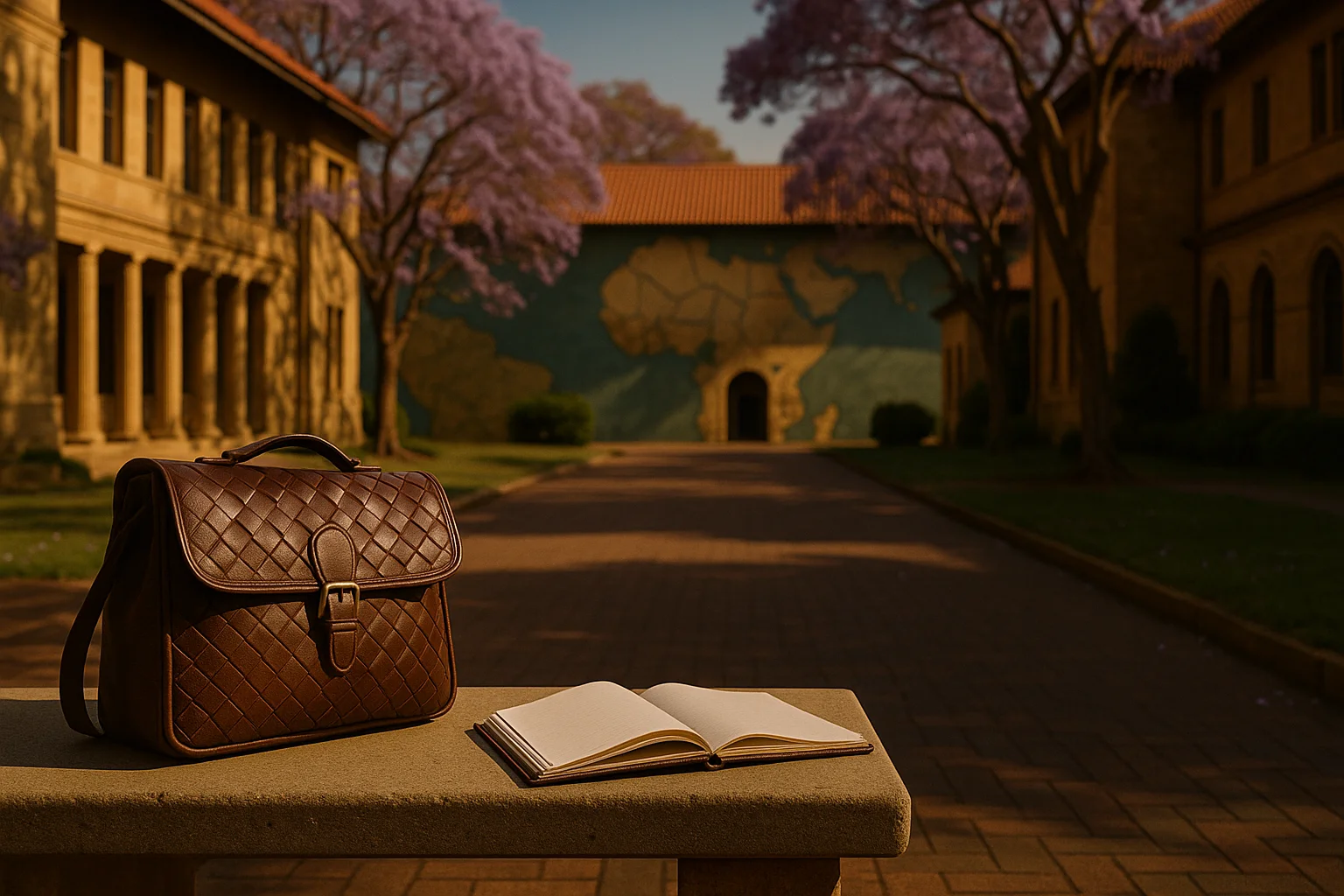 A quiet South African university campus walkway at golden hour, evoking a threshold between home study and international mobility