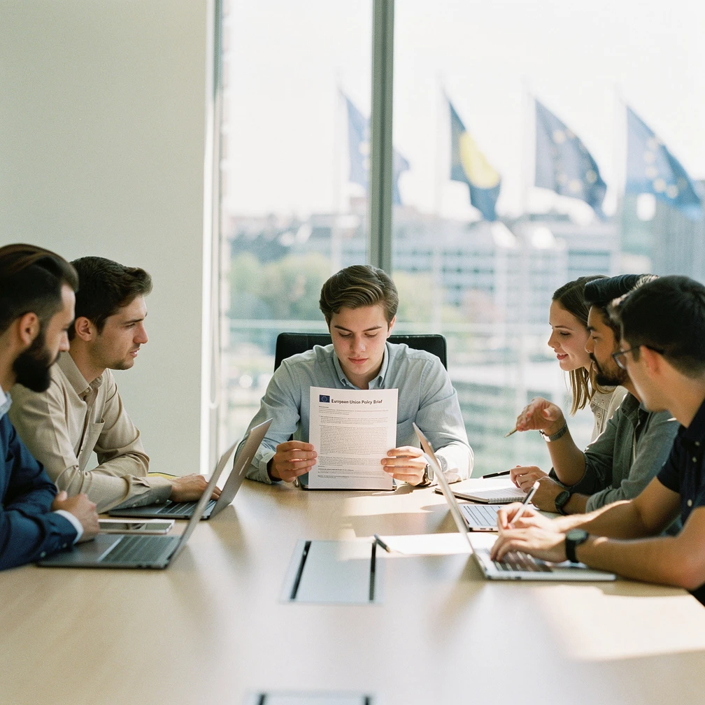 Young European interns in a bright Brussels office reviewing an EU policy document