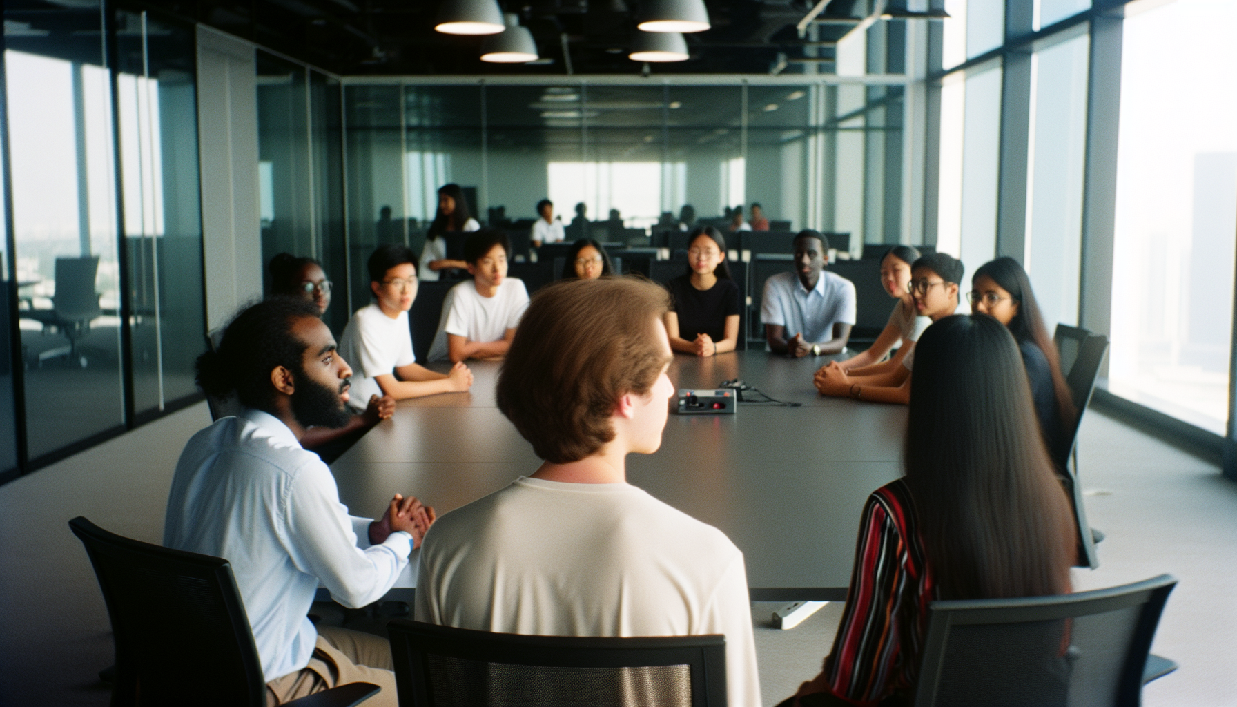 International interns collaborating in a modern office